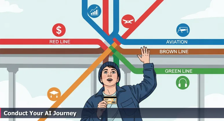 A person standing at a Chicago 'L' train intersection, looking thoughtfully at a colorful transit map symbolizing AI career paths in finance, aviation, research, and tech, holding a transit card.