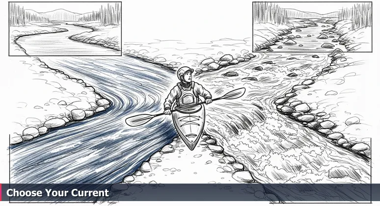A kayaker at a river confluence in Chicago, with one steady, wide channel and one fast, turbulent stream, representing career paths in the tech industry.