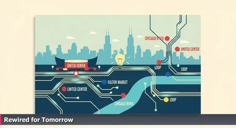 A vintage-style image of the Chicago River with a glowing blue digital circuit board overlay tracing its path, symbolizing tech integration in Chicago's historic infrastructure.
