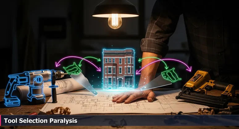 A carpenter's workshop bench with tools and a blueprint of a Chicago three-flat building, symbolizing the AI engineer's challenge of selecting the right technology.