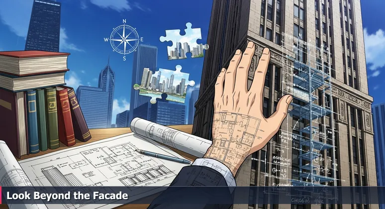An architect's hand traces the limestone facade of a Chicago skyscraper, with a blueprint on a table showing the hidden steel structure and salary data overlays.