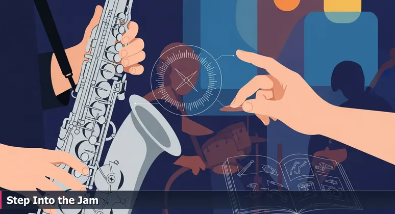 Close-up of a saxophonist's hands in a dim jazz club, symbolizing the choice between solo practice and collaborative innovation in Chicago's AI networking scene.