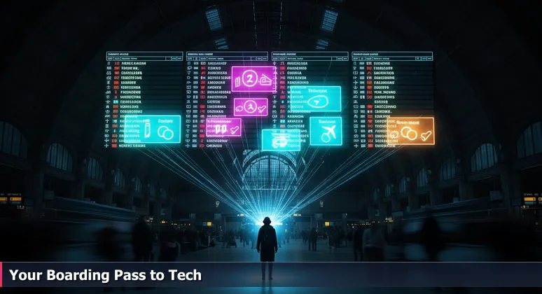 A person in O'Hare Airport staring at a digital board with top Chicago tech apprenticeships and internships for 2026.
