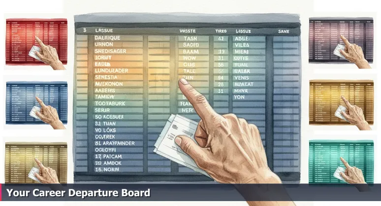 A hand pointing at an illuminated departure board at O'Hare Airport, symbolizing the choice of AI bootcamps in Chicago.