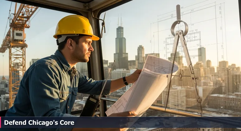 Structural engineer in hard hat at tower crane on Chicago skyline, examining cybersecurity blueprints with city buildings and O'Hare airport in background.