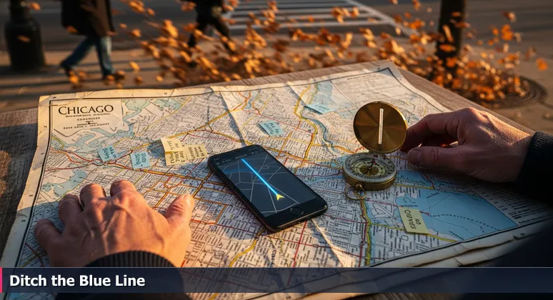 Hands unfolding a detailed paper map of Chicago with a smartphone showing a simple blue line navigation app, symbolizing urban planning vs. reality.