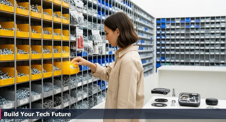 A person searching through hardware bins for the right screw, symbolizing the quest for free tech training in Chicago.