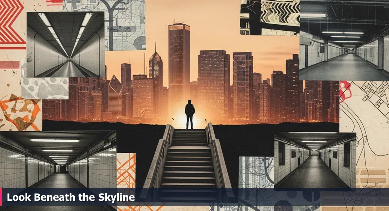 Silhouette of a person at the entrance to Chicago's Pedway, looking down into fluorescent-lit underground tunnels with the city's skyline and iconic towers visible above.