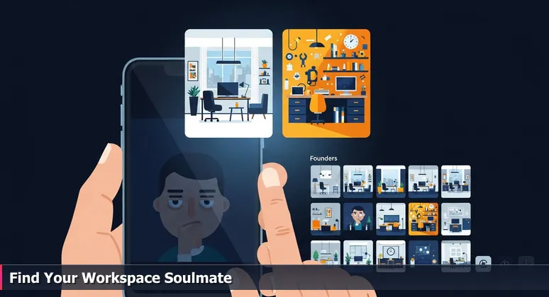 A close-up of a smartphone screen at night with a dating app showing two workspace profiles: a sleek office and a messy workshop, with a founder's reflection, representing the search for the ideal tech coworking space in Chicago.