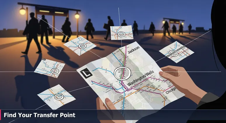 A woman's hands holding a creased, folded map of Chicago's L train system with pencil circles around key transfer stations during evening rush hour.