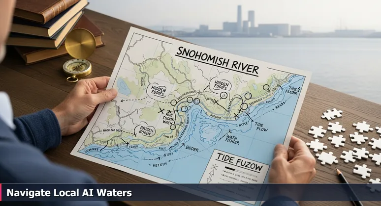 A close-up of weathered hands holding a hand-drawn map of the Snohomish River, with notations for local insights and the Boeing Everett plant visible in the background