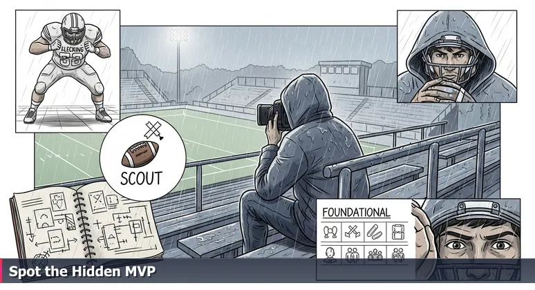 A football scout sits in the bleachers at Marysville-Pilchuck High School, focusing on a lineman during a rainy game, symbolizing the search for undervalued tech careers in Snohomish County.