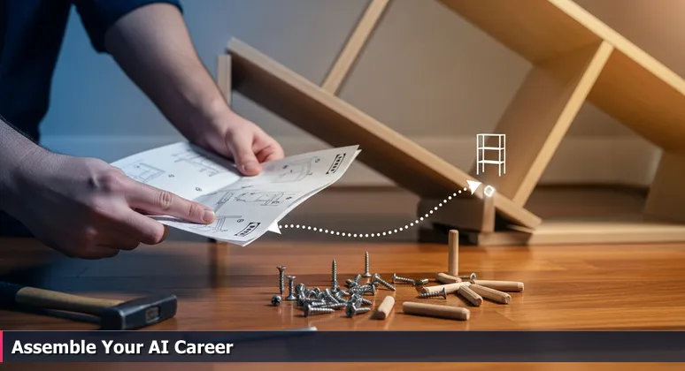 Close-up of hands holding a furniture assembly manual with spare parts on a wooden floor, symbolizing the gap between AI learning and real-world application in Marysville's job market.