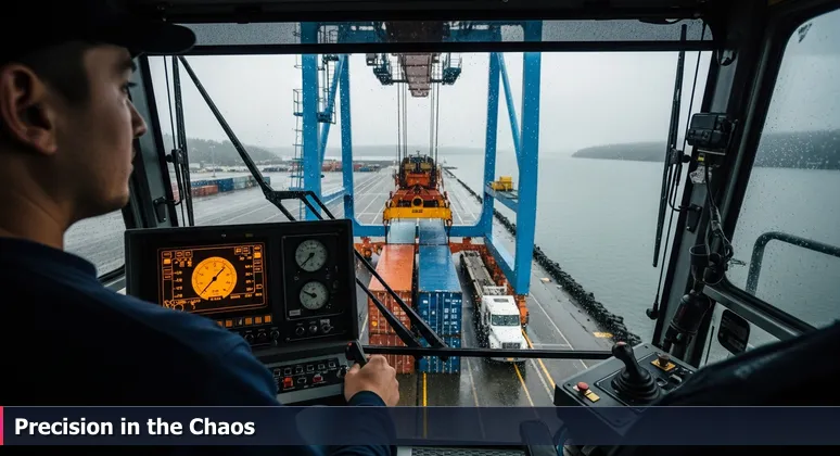 A crane operator at the Port of Everett in Marysville, WA, focusing on advanced controls to precisely move a shipping container in rainy weather, symbolizing AI's role in industrial precision.