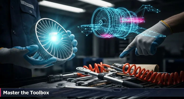 Aerospace worker's hands in Everett: one holding a turbine blade, the other pointing to a disorganized toolbox, symbolizing the search for right funding tools in Marysville tech training.