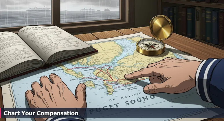 Weathered hands holding a nautical chart on a wooden table in Marysville, symbolizing navigation of AI career paths in Snohomish County.