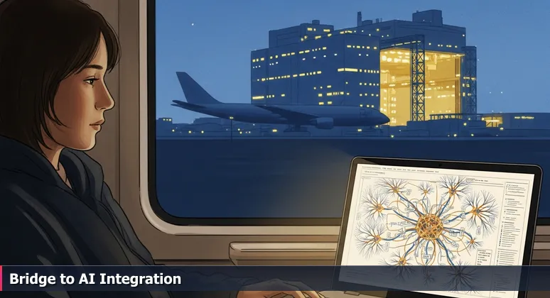 A commuter on the pre-dawn Sounder train from Marysville to Everett, face lit by a laptop screen displaying AI code, with the Boeing Everett assembly plant visible through the window.