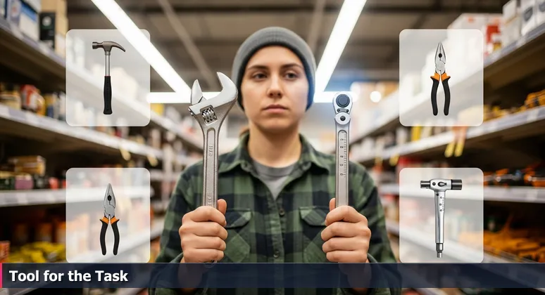 A person in a Marysville hardware store holding an adjustable wrench and a specialized torque wrench, symbolizing the choice between general and specialized AI engineering careers.