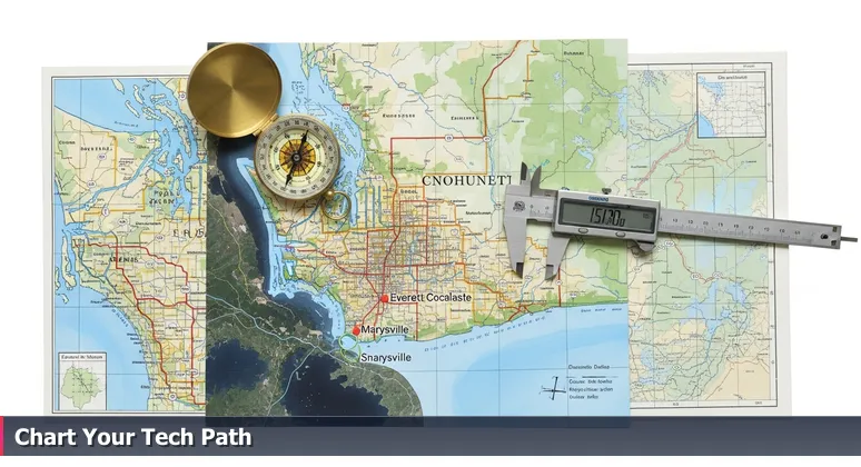 A vintage map overlaid on a satellite image of Marysville, WA, with a compass and calipers symbolizing career navigation in the local tech landscape.