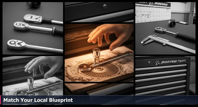 A mechanic's hand choosing a socket wrench from a toolbox, with a jet engine schematic and blurred calendar showing Boeing shift times, representing AI bootcamp selection for local careers.