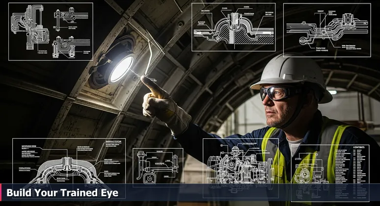 A gloved hand points to a hairline crack on aircraft machinery under dim light, symbolizing the need for a trained eye in Marysville cybersecurity.