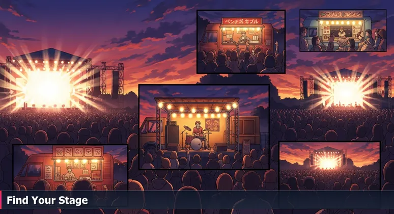 A dusk scene at a music festival showing a large, lit main stage with a crowd, and a smaller, warm-lit side stage with an engaged audience.