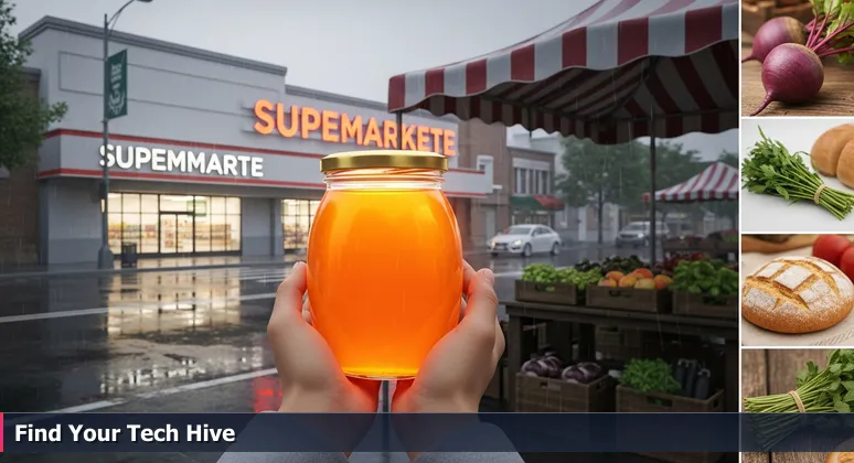 Close-up of hands holding a jar of local honey at Marysville Farmers' Market, with an empty generic supermarket in the background, symbolizing curated coworking spaces versus impersonal offices.