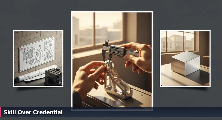 Close-up of calloused hands using a digital caliper to measure a machined aircraft bracket, with a blueprint and industrial backdrop in Marysville.