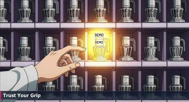 A hand reaching for a worn kitchen tool among shiny ones, symbolizing finding the right startup job in Marysville's tech market.