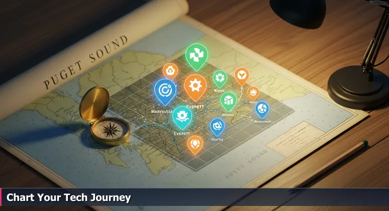A nautical chart overlay with glowing digital waypoints marking top women in tech groups in Marysville, WA, on a wooden table with a compass.
