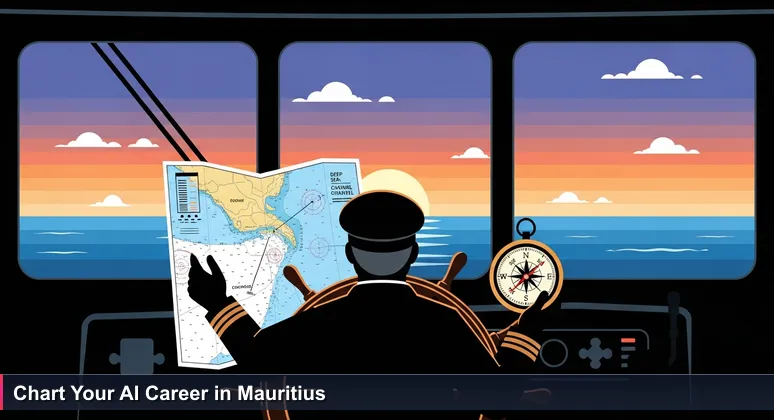 A seasoned captain at dawn in Port Louis harbor, holding a nautical chart and compass, symbolizing strategic navigation for starting an AI career in Mauritius.