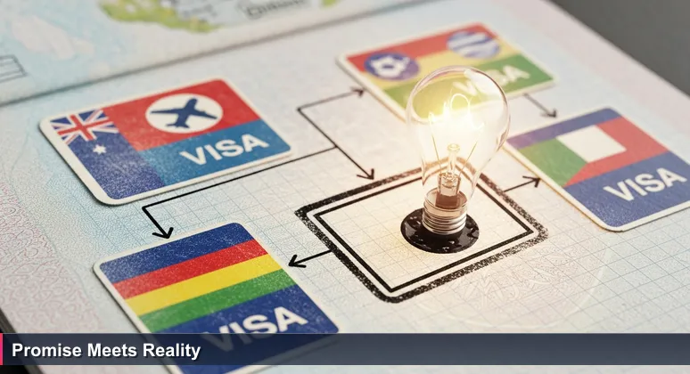 A passport being stamped with a new visa entry, representing the commitment to a tech career in Mauritius for 2026.