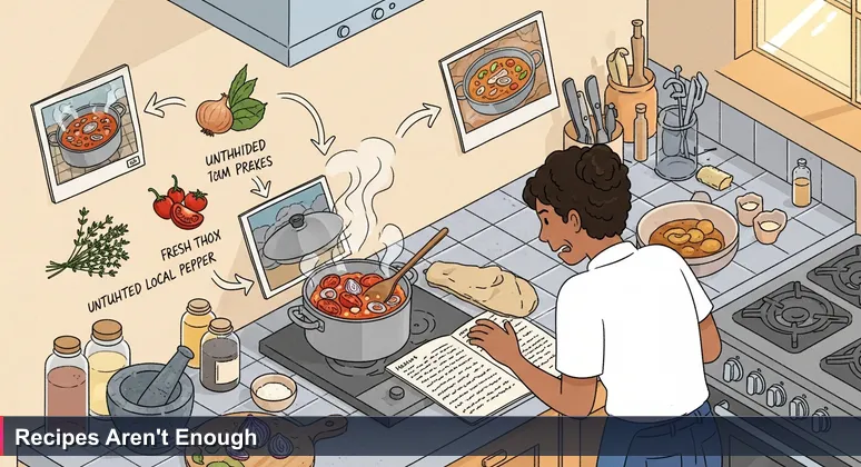 A frustrated home cook in a Mauritian kitchen, staring at a pot of tomatoes and onions, with local thyme and peppers untouched on the counter, symbolizing the gap in AI learning.