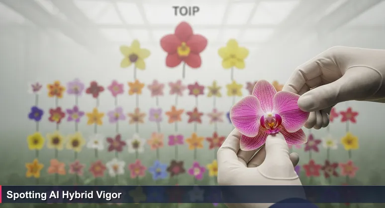 A judge's hands evaluating a hybrid orchid at Floréal Flower Show in Mauritius, symbolizing the selection of top AI startups based on innovation and strategic advantage.