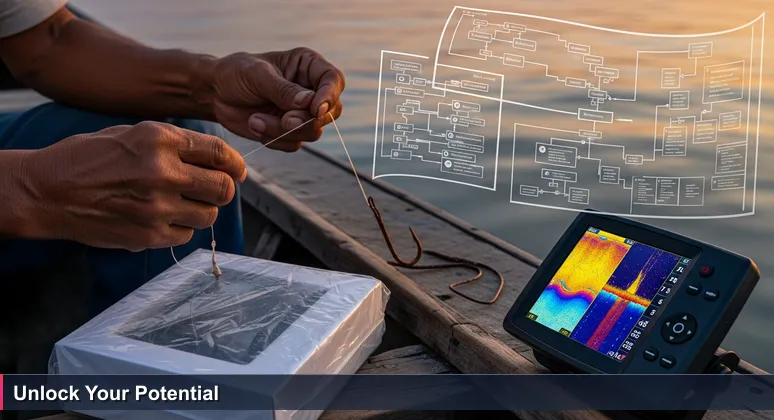 A fisherman's hands holding a simple fishing line, with an unopened high-tech fish finder in a pirogue, symbolizing untapped funding for tech training in Mauritius.