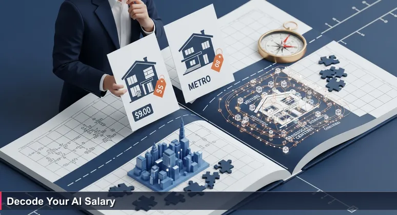 A tech professional in Ebene Cybercity comparing two AI job offers with layered details showing salary, tax benefits, and ecosystem advantages in Mauritius.