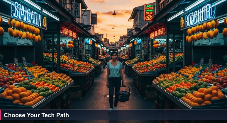 A young adult in a vibrant Port Louis street market, looking overwhelmed while holding an empty basket, symbolizing the challenge of choosing a first tech job in Mauritius's abundant 2026 job market.