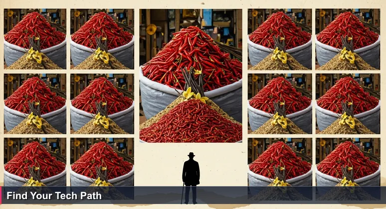 A tourist looking overwhelmed by vibrant spice vendors at Port Louis Central Market in Mauritius, symbolizing the challenge of choosing the right tech bootcamp.
