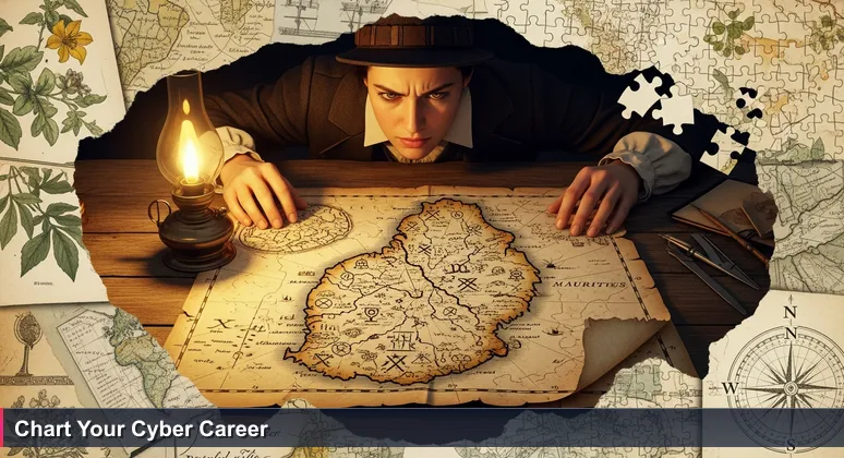 A frustrated job seeker examines a torn treasure map of Mauritius with faded cybersecurity symbols, representing the challenge of finding roles.