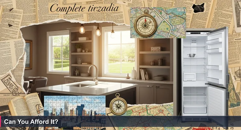 Illustration of a pristine showroom in a Mauritius tech hub, highlighting the empty fridge as a metaphor for financial reality vs lifestyle dream.