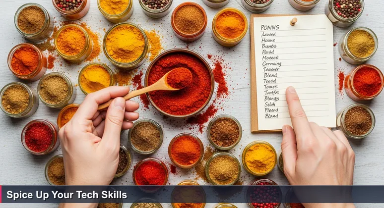 Hands of a vendor in a Mauritian spice market, blending vibrant spices with a handwritten list titled 'My Top 10 Blends', symbolizing curated free tech training options.