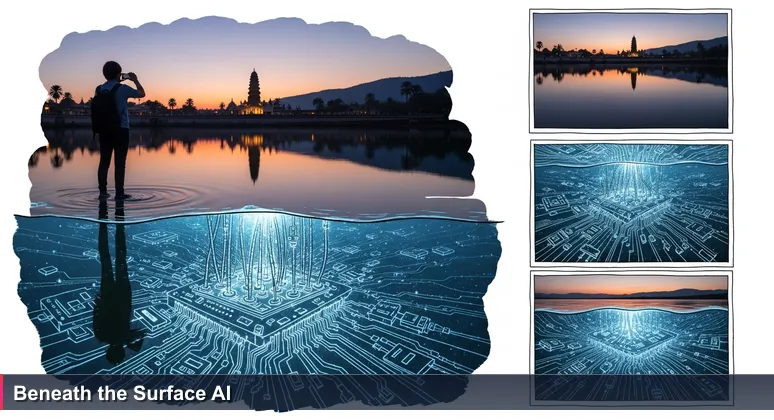 A tourist overlooking Grand Bassin lake in Mauritius, with a glowing network of data cables visible beneath the water, symbolizing hidden AI opportunities in the island's economy.