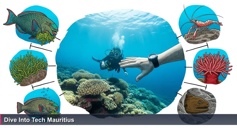 A scuba diver exploring a vibrant coral reef in Mauritius, symbolizing the search for the perfect tech coworking space.