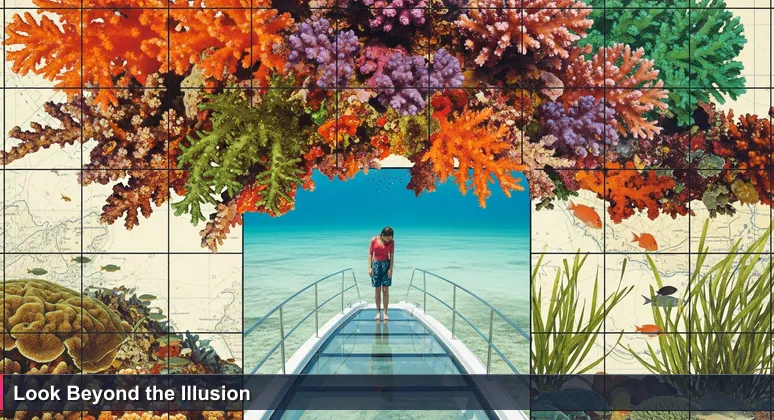 A person on a glass-bottom boat in Mauritius, looking disappointed at empty seafloor while a vibrant coral reef thrives nearby.