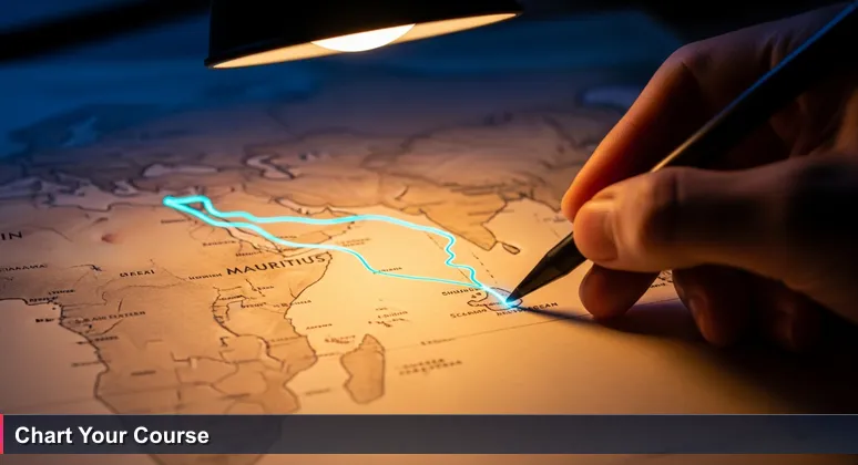 A cartographer's hand drawing a new sea route on a vintage map of the Indian Ocean, connecting Mauritius to Africa and Asia, symbolizing new pathways for women in tech