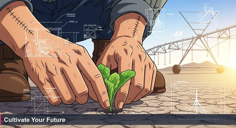Weathered hands planting a lettuce seedling in Yuma's desert soil, with a high-tech irrigation system in the background at sunrise, symbolizing AI career growth in a resilient environment.
