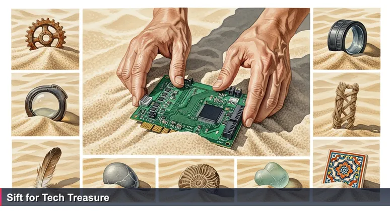 Close-up of hands sifting Yuma desert sand to reveal a military circuit board, symbolizing hidden high-paying tech jobs.