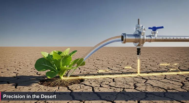 A close-up photo of a calibrated irrigation channel gate in a Yuma lettuce field at dawn, directing water precisely to a single green plant against an arid desert backdrop.