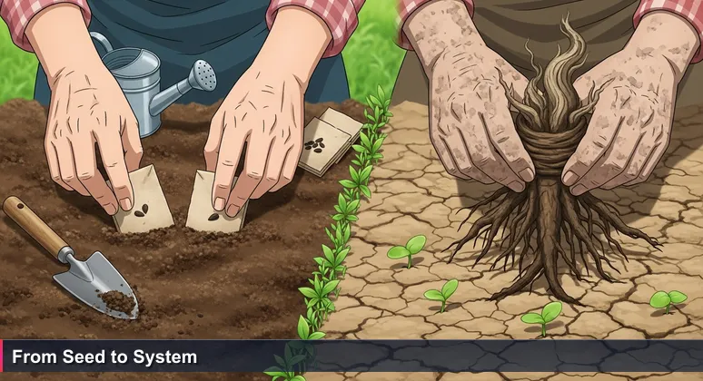 Weathered hands holding a seed packet and a gnarled root in sandy Yuma soil, symbolizing the AI engineering journey from theory to practical application.