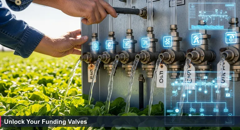 A farmer's weathered hands on an irrigation control panel in a Yuma field, symbolizing accessing funding for tech training through various programs.